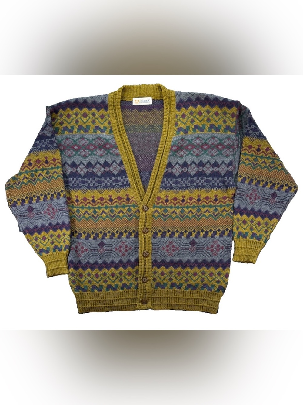 Vintage Camela Cardigan Sweater Men's Medium Multicolor Geometric 90s 80s Wool